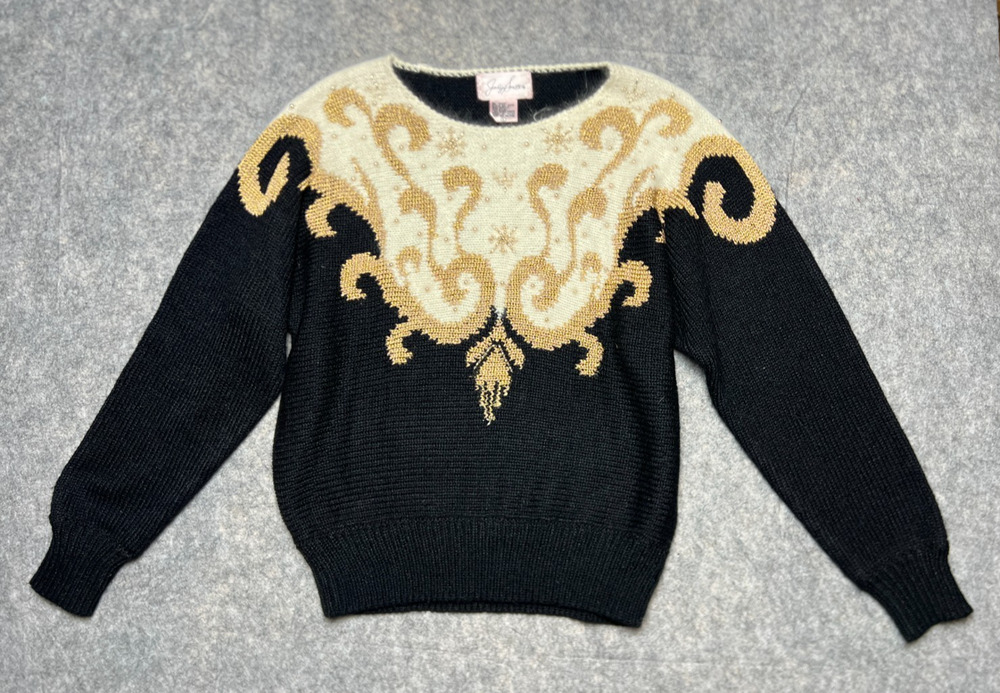 Vintage 90s Jaclyn Smith Sweater Womens L Black Gold Metallic Beaded Embellished